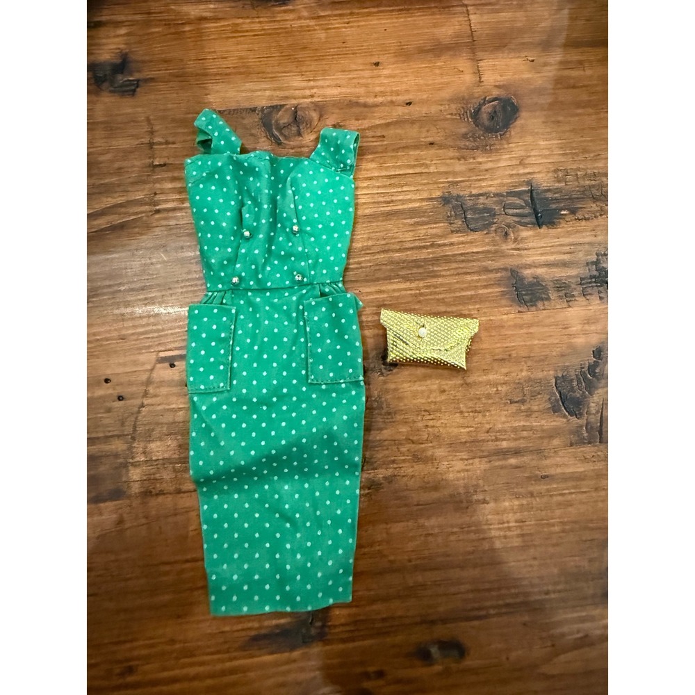 Vintage 1960s Barbie Fashion Pak Apple Green Polka Dot Dress Gold Dimple Purse